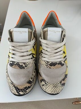 Philippe Model Beige Snake-Print & Yellow Accent Sneakers with Orange Heel